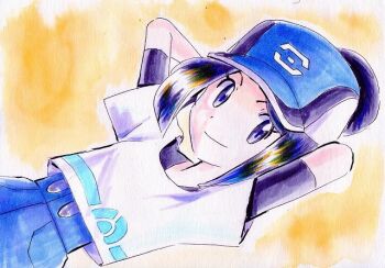 1girl arms_behind_head baseball_cap bettie_(pokemon) black_hair blue_eyes commentary_request hat iwane_masaaki looking_at_viewer nintendo painting_(medium) pokemon pokemon_masters_ex shirt solo traditional_media watercolor_(medium) white_shirt yellow_background