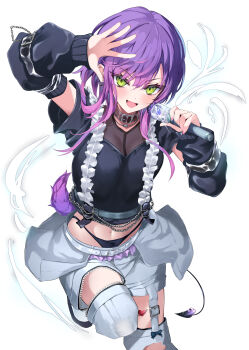 1girl :d absurdres argule0901 arm_up belt black_collar black_panties black_shirt collar commentary_request cropped_shirt demon_girl demon_tail detached_pants detached_sleeves earrings fang frilled_shirt frills gradient_hair green_eyes grey_pants hand_up heart heart_earrings highres holding holding_microphone hololive jewelry long_hair long_sleeves looking_at_viewer microphone midriff multicolored_hair navel open_mouth panties pants pink_hair pointy_ears purple_hair shirt short_hair_with_long_locks short_sleeves sidelocks simple_background skin_fang smile solo tail tokoyami_towa underwear v-shaped_eyebrows virtual_youtuber white_background white_belt