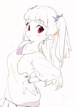 1girl blush bracelet breasts closed_mouth earrings eyelashes hand_on_own_hip jewelry long_hair muted_color raised_eyebrow red_eyes shirt simple_background skirt sohin solo star_(symbol) star_earrings tokyo_7th_sisters two_side_up uesugi_u._kyouko