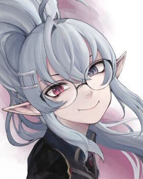 Rule 34 | 1girl, absurdres, ahoge, blue eyes, commentary, fangs, general geega, glasses, grey hair, hair between eyes, hair ornament, heterochromia, highres, leotard, looking at viewer, mununununu, pointy ears, ponytail, red eyes, see-through clothes, see-through leotard, sidelocks, simple background, smile, solo, virtual youtuber, vshojo