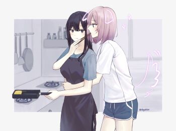 2girls apron black_apron black_hair blue_shirt blue_shorts blush chopsticks closed_mouth commentary cooking dogsukibot dolphin_shorts drawn_ears drawn_tail feeding food highres hitozuma_kyoushi_ga_oshiego_no_joshikousei_ni_dohamari_suru_hanashi holding holding_chopsticks hug hug_from_behind ichigohara_itsuki kitchen long_hair makiyakinabe medium_hair multiple_girls omelet pink_hair purple_eyes shirt shorts smile stove tamagoyaki togawa_rin white_shirt yuri