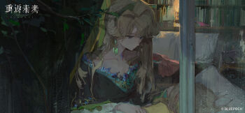 2girls beryl_bouanich black_cloak blonde_hair blue_eyes bookshelf branch cloak closed_mouth collarbone condensation copyright_name copyright_notice crescent crescent_earrings curtains earrings floating_earrings from_outside highres indoors jewelry logo long_hair looking_at_another looking_down matilda_bouanich mother_and_daughter multiple_girls official_art official_wallpaper pillow reverse:1999 sleeping solo_focus upper_body window