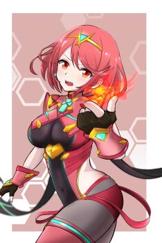 1girl armor backless_outfit black_gloves bob_cut breasts chest_jewel chinese_commentary commentary_request core_crystal_(xenoblade) earrings fingerless_gloves fire floating_earrings gloves hand_up highres impossible_clothes jewelry large_breasts na_son_(nq_son) nintendo open_mouth pantyhose pyra_(xenoblade) pyrokinesis red_eyes red_hair red_shorts short_hair short_sleeves shorts shoulder_armor solo super_smash_bros. suspenders swept_bangs thighhighs thighhighs_over_pantyhose tiara v-shaped_eyebrows xenoblade_chronicles_(series) xenoblade_chronicles_2