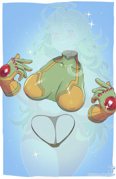 1girl boku_no_hero_academia breasts covered_erect_nipples deku&#039;s_photo_of_hagakure_toru gloves green_gloves green_hair green_panties hagakure_toru highres invisible kajin_(kajinman) large_breasts looking_at_viewer messy_hair official_alternate_costume panties pink_streaks pointing pointing_at_self solo two-tone_gloves underwear