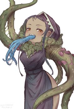 1girl highres long_tongue mon-musu_quest! mon-musu_quest:_paradox monster_girl sharp_teeth simple_background tagme teeth tentacle_girl tentacles to_kage_p tongue tongue_out white_background