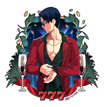 1boy alternate_costume artist_name blue_hair collared_shirt commentary contemporary english_commentary fire_emblem fire_emblem:_radiant_dawn green_eyes jacket jewelry male_focus meziosaur money necklace nintendo open_clothes open_jacket partially_unbuttoned pectoral_cleavage pectorals red_jacket round_eyewear shirt short_hair sideways_glance solo toothpick zelgius_(fire_emblem)