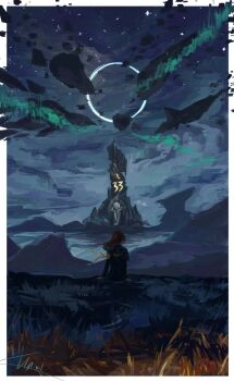 1girl border clair_obscur:_expedition_33 eclipse facing_away floating_rock grass highres maelle_(clair_obscur:_expedition_33) night night_sky outdoors outside_border scenery sitting sky solo un.i_(protorc) white_border wide_shot