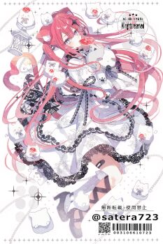 1girl animal_ear_fluff animal_ears ankle_lace-up asymmetrical_legwear bandaid chain double-parted_bangs dress floating_hair highres lace lace-trimmed_dress lace_trim long_hair looking_at_viewer mouth_hold original pink_hair slit_pupils stuffed_animal stuffed_toy tail white_background yakinikusakoku