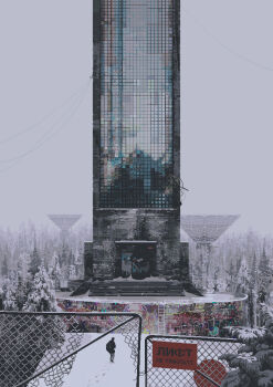 Rule 34 | 1other, ambiguous gender, chain-link fence, commentary, day, english commentary, fence, footprints, forest, nature, original, outdoors, overcast, pixel art, russian text, scenery, sign, sixveeceear, sky, snow, space elevator, tower, tree, very wide shot, walking, winter