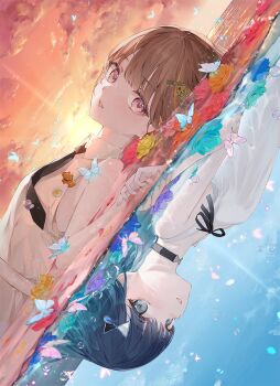 2girls akabeko black_choker black_hair black_necktie black_ribbon blue_eyes blue_sky brown_hair bug butterfly choker collared_shirt contrast dress flower hair_ornament hairpin holding_hands insect lying multiple_girls nakashima_(pluscolor) neck_ribbon necktie red_eyes ribbon sendo_yuuhi shirt sky sleeveless sleeveless_dress sleeveless_shirt split_screen sunset tsumugi_kokage virtual_youtuber vspo! water white_dress white_shirt