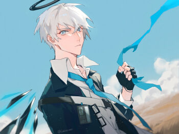1boy arknights bishounen black_gloves black_jacket blue_eyes blue_necktie blue_ribbon blue_sky closed_mouth cloud collared_shirt commentary_request day detached_wings executor_(arknights) fingerless_gloves gloves hair_between_eyes halo highres holding holding_ribbon id_card jacket long_sleeves looking_at_viewer male_focus mechanical_halo necktie outdoors ribbon shikiri shirt short_hair sky solo twitter_username upper_body white_hair white_shirt wings