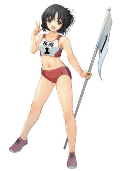 1girl absurdres black_hair buruma character_name commentary_request flag full_body headband highres kantai_collection midriff nagara_(kancolle) one_side_up open_mouth pole red_buruma round_teeth short_hair sky smile solo sports_bikini sports_bra teeth two-tone_sports_bra upper_teeth_only v white_headband yashin_(yasinz)