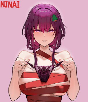 1girl bare_arms bare_shoulders commentary highres holding holding_underwear holding_unworn_clothes honkai:_star_rail honkai_(series) implied_nudity kafka_(honkai:_star_rail) lace lace-trimmed_panties lace_trim looking_at_viewer ninai no_bra panties purple_eyes purple_hair red_rope rope smile symbol-only_commentary underwear