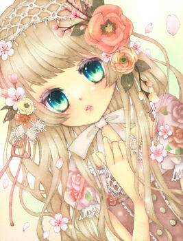1girl blonde_hair bow buttons classic_lolita commentary_request dress dutch_angle eyelashes flower green_eyes hair_flower hair_ornament lolita_fashion long_hair looking_at_viewer mori_kei original painttool_sai_(medium) pink_dress pink_flower pink_lips rose sakura_drp solo upper_body white_bow