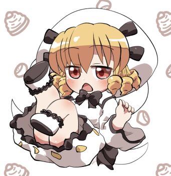 1girl blonde_hair blush chestnut_mouth chibi chibi_only commentary_request dot_nose dress drill_hair food-themed_background frilled_dress frilled_shoes frills full_body hair_between_eyes hands_up hat leg_up long_sleeves luna_child open_mouth red_eyes rokugou_daisuke shoes short_hair simple_background solo touhou white_background white_dress white_hat white_shoes wide_sleeves