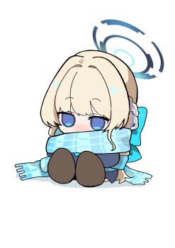 1girl blonde_hair blue_archive blue_bow blue_eyes blue_hair blue_halo blue_scarf bow chibi chibi_only full_body hair_bow halo highres koyuuuuuuuuuuu long_hair multicolored_hair no_mouth no_pupils plaid_clothes plaid_scarf restrained scarf simple_background sitting solo streaked_hair toki_(blue_archive) toki_(school_uniform)_(blue_archive) white_background wrapped