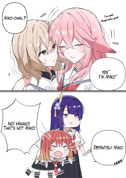 Rule 34 | 4girls, alternate costume, animal ears, black skirt, blush, brown hair, carrying, carrying person, closed eyes, crossed bangs, crossover, dango, english text, food, fox ears, genshin impact, hair between eyes, hair ornament, hashtag-only commentary, highres, jay jay1519, looking at another, mole, mole under eye, multiple girls, open mouth, parted lips, pink hair, purple eyes, purple hair, raiden shogun, red hair, school uniform, serafuku, simple background, skirt, wagashi, watashi wo tabetai hitodenashi, white background, white serafuku, yae miko, yaotose hinako, yashiro miko, yellow eyes, yuri