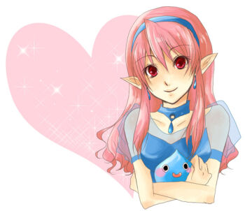 1girl blue_choker blue_hairband blue_shirt blush_stickers breasts choker commentary_request creature dragon_quest dragon_quest_iv earrings elf hairband heart holding holding_creature icomemo jewelry long_hair looking_at_viewer medium_breasts partial_commentary pink_hair pointy_ears red_eyes rosalie_(dq4) see-through_clothes see-through_sleeves shirt slime_(dragon_quest) smile solo_focus teardrop_earrings upper_body white_background