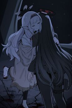 2girls absurdres barefoot black_leggings black_skirt blue_archive closed_eyes commentary_request dirty dirty_feet hair_tubes hairband highres himari_(blue_archive) hug leggings long_hair multiple_girls night pantyhose pointy_ears rio_(blue_archive) shawl skirt sky smile star_(sky) starry_sky suttanipata very_long_hair yuri