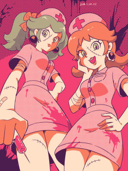 Rule 34 | 2girls, absurdres, bandaged arm, bandages, bandaid, bandaid on arm, blood, blood on clothes, bow, cross, earrings, flower earrings, from below, hair bow, halloween, hat, highres, jewelry, mario (series), multiple girls, nintendo, nurse, nurse cap, princess daisy, princess peach, red cross, sphere earrings, splatter background, stitched arm, stitched face, stitched leg, stitches, syringe, twintails, yamari (ya mari 6363)