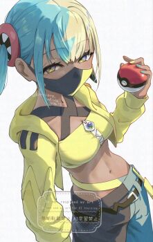1girl aqua_hair aqua_nails bandeau black_hair black_pants blonde_hair blue_pants canari_(pokemon) cropped_jacket dark-skinned_female dark_skin highres holding holding_poke_ball jacket korokoro_nekoz long_sleeves looking_at_viewer mask mega_stone midriff mouth_mask multicolored_hair multicolored_nails navel nintendo open_clothes open_jacket pants poke_ball poke_ball_(basic) pokemon pokemon_legends:_z-a short_hair solo split-color_clothes split-color_hair twitter_username two-tone_nails two-tone_pants white_background yellow_bandeau yellow_nails
