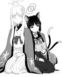 Rule 34 | 2girls, animal ear fluff, animal ears, blue archive, book, bow, bright pupils, cat ears, cat tail, greyscale, hair ornament, halo, hand on lap, haori, hariyaa, highres, holding, holding book, japanese clothes, kikyou (blue archive), kneeling, leaning on person, long hair, long skirt, long sleeves, looking at another, monochrome, multiple girls, multiple tails, nagusa (blue archive), neckerchief, pleated skirt, reading, sailor collar, simple background, skirt, snowflake hair ornament, tail, two tails