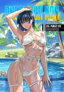 1boy 1girl arm_up armpits artist_name bald beach_umbrella bikini blurry breasts collarbone copyright_name cover cover_page cowboy_shot day depth_of_field fubuki_(one-punch_man) green_eyes green_hair highleg highleg_bikini manga_cover medium_breasts medium_hair murata_yuusuke navel official_art one-punch_man palm_tree pool rock saitama_(one-punch_man) side-tie_bikini_bottom smile solo swimsuit thigh_strap third-party_source translated tree umbrella underboob white_bikini