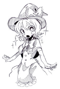 Rule 34 | 1girl, blush stickers, bow, bowtie, buttons, capelet, commentary request, cookie (touhou), cowboy shot, elbow gloves, gloves, hat, hat bow, highres, kirisame marisa, looking at viewer, meguru (cookie), melanin shikiso, open mouth, shirt, simple background, skirt, solo, sparkle, touhou, witch hat