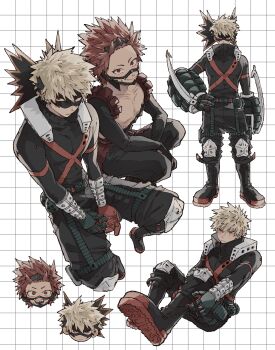 Rule 34 | 2boys, absurdres, adjusting footwear, bakugou katsuki, black boots, black gloves, black pants, blonde hair, boku no hero academia, boots, chest strap, chibi, chibi inset, commentary request, cropped head, eye mask, frown, full body, gloves, grid background, hair between eyes, hand on own hip, highres, kirishima eijiro, knee pads, kome uo, male focus, mask, multiple boys, multiple views, muzzle (mask), open mouth, pants, red eyes, red gloves, red hair, sharp teeth, short hair, smile, spiked hair, superhero costume, teeth, two-sided gloves
