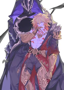 2boys abs absurdres animal_hood arm_tattoo armlet black_cloak black_coat black_pants blonde_hair braid chest_tattoo clawed_gauntlets cloak coat commentary earrings facial_tattoo flame_reaver_of_the_deepest_dark gold_earrings gold_necklace gradient_hair hand_on_another's_shoulder highres honkai:_star_rail honkai_(series) hood hooded_cloak jewelry leg_armor male_focus mask medium_hair multicolored_hair multiple_boys mydei_(honkai:_star_rail) nanana08251 necklace open_clothes open_coat pants red_hair red_tattoo side_braid size_difference symbol-only_commentary tattoo toned toned_male yellow_eyes