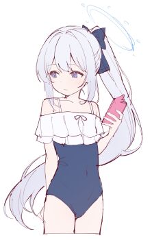 1girl bare_shoulders blue_archive blue_bow blue_halo blue_one-piece_swimsuit blush bow casual_one-piece_swimsuit covered_navel frilled_one-piece_swimsuit frills hair_bow halo hand_up highres holding holding_phone long_hair miyako_(blue_archive) miyako_(swimsuit)_(blue_archive) off-shoulder_one-piece_swimsuit off_shoulder official_alternate_costume one-piece_swimsuit phone ponytail purple_eyes rakugaki_ningen solo swimsuit turning_head white_hair