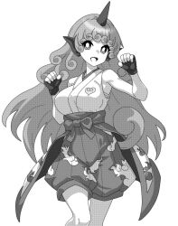 Rule 34 | 1girl, alternate costume, bare shoulders, breasts, commentary request, cowboy shot, fingerless gloves, gloves, greyscale, hands up, highres, horns, jacket, komano aunn, leg up, long hair, looking at viewer, monochrome, onkn sxkn, open mouth, print jacket, print shorts, puffy shorts, sarashi, shorts, simple background, single horn, solo, teeth, tied jacket, touhou, upper teeth only, wavy hair, white background