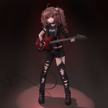 1girl absurdres ahoge belt belt_buckle black_background black_belt black_collar black_jacket black_jeans black_lips black_nail_polish black_shirt black_shoes brown_hair buckle chain choker collar denim ear_piercing electric_guitar evil_neuro-sama eyebrow_piercing face_piercing fang fingerless_gloves fishnet_gloves fishnets full_body gloves gradient_background guitar hair_ornament hairclip heart heart_hair_ornament highres indie_virtual_youtuber instrument jacket jeans long_hair messy mouth_piercing music neuro-sama open_mouth pants piercing playing_instrument plectrum red_ribbon ribbon ritspi shirt shoes skull_hair_ornament solo spiked_choker spiked_collar spikes stage_lights standing studded_gloves studded_jacket sweat t-shirt teeth torn_clothes torn_jeans torn_pants two_side_up virtual_youtuber