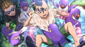 2boys bird black_shirt blue_pants brown_hair dolustoy dreadlocks fudou_akio goggles green_shorts highres inazuma_eleven inazuma_eleven_(series) kidou_yuuto male_focus mohawk multicolored_hair multiple_boys pants penguin sandals shirt shorts splashing wading_pool water wet wet_clothes wet_shirt white_hair white_shirt