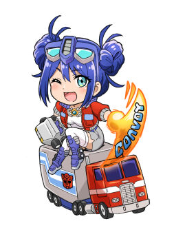 Rule 34 | 1girl, ;d, autobot, axe, belt, blue belt, blue boots, blue eyes, blue hair, boots, box truck, carrying, carrying under arm, character name, chibi, commentary, cropped shirt, double bun, energy axe, energy weapon, eyewear on head, genderswap, genderswap (mtf), glasses, grey shorts, hair bun, highres, humanization, jacket, komagoma, looking at viewer, matrix of leadership, motor vehicle, one eye closed, open mouth, optimus prime, optimus prime (kotobukiya bishoujo), red jacket, roller (transformers), semi truck, shirt, shorts, simple background, sitting, smile, solo, thighhighs, trailer, transformers, transformers: generation 1, truck, weapon, white background, white shirt, white thighhighs