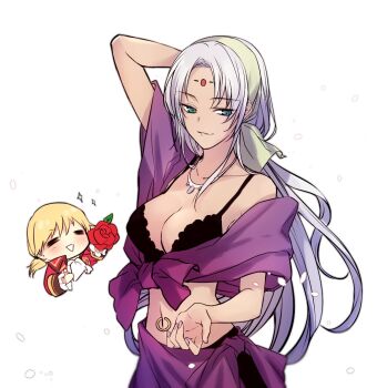 1boy 1girl :&gt; =_= aqua_eyes arm_up bad_id bad_twitter_id black_bra blonde_hair bra breasts chibi chibi_inset cleavage closed_eyes cowboy_shot eiyuu_densetsu facial_mark falcom flower forehead_mark jewelry lace lace-trimmed_bra lace_trim long_hair looking_at_viewer medium_breasts midriff navel navel_piercing necklace olivert_reise_arnor parted_bangs piercing rose sarong sash scherazard_harvey short_hair silver_hair simple_background smile soap_(user_kghh4755) sora_no_kiseki sparkle underwear white_background