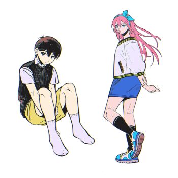 1boy 1girl antenna_hair aubrey_(faraway)_(omori) aubrey_(omori) black_eyes black_hair black_socks black_sweater_vest blue_eyes blue_hairband blue_skirt bright_pupils brown_shorts bu3hgg chromatic_aberration closed_mouth collared_shirt denim denim_skirt double-parted_bangs full_body hair_between_eyes hairband highres jacket long_hair looking_at_viewer omori pink_hair shirt shoes short-sleeved_jacket short_hair short_sleeves shorts simple_background skirt sneakers socks standing standing_on_one_leg sunny_(omori) sweater_vest white_background white_jacket white_pupils white_shirt white_socks