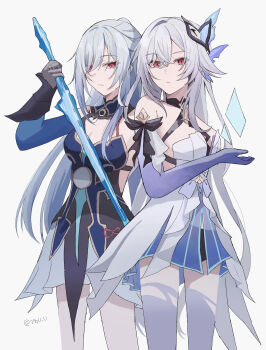 Rule 34 | 2girls, 961 kuru, absurdres, blue dress, blue sleeves, breasts, closed mouth, commentary request, cowboy shot, crystal shards, crystal sword, dress, genshin impact, grey hair, hair ornament, highres, holding, holding sword, holding weapon, honkai: star rail, honkai (series), jingliu (honkai: star rail), long hair, looking at viewer, mihoyo, multiple girls, object floating above hand, purple bag, red eyes, simple background, skirk (genshin impact), sword, trait connection, twitter username, weapon, white background, white dress, white hair