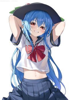 1girl absurdres alternate_costume black_hat blue_hair blue_sailor_collar blue_skirt blush bow bowtie commentary_request fruit_hat_ornament hat hat_ornament highres hinanawi_tenshi leaf_hat_ornament long_hair looking_at_viewer midriff_peek navel peach_hat_ornament pleated_skirt red_bow red_bowtie red_eyes sailor_collar sailor_shirt school_uniform shirt short_sleeves simple_background skirt smile solo touhou twitter_username very_long_hair watermark white_background white_shirt yoshinatsu