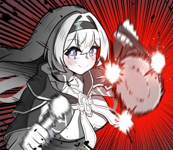 1girl black_hairband black_jacket blush closed_mouth collared_shirt commentary_request firefly_(honkai:_star_rail) grey_hair greyscale_with_colored_background hair_between_eyes hair_intakes hairband hitting holding holding_instrument holding_stick honkai:_star_rail honkai_(series) instrument jacket korean_commentary long_hair malsan multicolored_eyes partially_colored shirt smile solo stick white_shirt