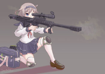 .50_bmg 1girl absurdres ammunition anti-materiel_cartridge anti-materiel_rifle bag barrett_m82a2 blue_sailor_collar blue_skirt bullet bullpup grey_background gun handbag highres hmg_cartridge knee_pads kneeling long_sleeves looking_through_scope magazine_(weapon) medium_hair miniskirt original rifle rifle_cartridge sailor_collar school_uniform scope shirt skirt sniper_rifle solo thighhighs weapon white_shirt white_thighhighs youotaku