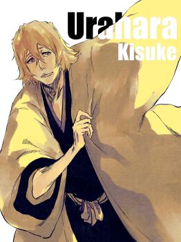 1boy absurdres adjusting_clothes black_hakama bleach bleach:_turn_back_the_pendulum blonde_hair character_name commentary_request hair_between_eyes hakama haori highres japanese_clothes male_focus purple_eyes shihakusho solo taichou_haori upper_body urahara_kisuke white_haori xia_chuan_jian