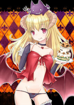 1girl :q babydoll black_choker black_panties blonde_hair blush bow breasts brown_horns cake choker cleavage closed_mouth commentary_request cowboy_shot demon_girl demon_horns demon_wings detached_sleeves deviruchi fleur-de-lis food frilled_thigh_strap halloween holding holding_cake holding_food horns long_hair looking_at_viewer lowleg lowleg_panties medium_breasts navel orange_background panties ragnarok_online red_babydoll red_bow red_eyes red_wings smile solo succubus_(ragnarok_online) thigh_strap tongue tongue_out underwear wings yoru_nagatsuki