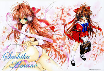 1girl 2000s_(style) amano_sachika arm_behind_back ass ballerina blue_bow blue_bowtie bow bowtie briefcase brown_hair closed_mouth dengeki_moeoh flower foot_out_of_frame full_body green_eyes hair_ribbon highleg highleg_leotard highres holding holding_briefcase juliet_sleeves kneehighs leotard long_hair long_sleeves looking_at_viewer magazine_scan mary_janes multiple_views original page_number pink_background pink_leotard pink_ribbon puffy_sleeves ramiya_ryou red_ribbon ribbon scan school_briefcase school_uniform shoes smile socks third-party_source white_socks