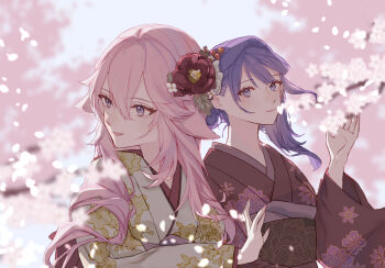 2girls alternate_costume alternate_hairstyle animal_ears blurry blurry_background cherry_blossoms commentary couple flower flower_ornament fox_ears fox_girl fruct0se_fa genshin_impact hair_between_eyes hair_flower hair_ornament hair_up highres japanese_clothes kimono long_sleeves mole mole_under_eye multiple_girls open_mouth outdoors pink_hair purple_eyes purple_hair raiden_shogun sash sky standing wide_sleeves yae_miko yuri