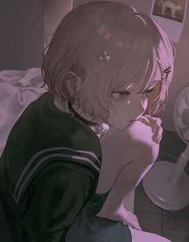 Rule 34 | 1girl, barefoot, calendar, choker, ear piercing, electric fan, expressionless, highres, kyano (kyanora3141), original, piercing, short hair