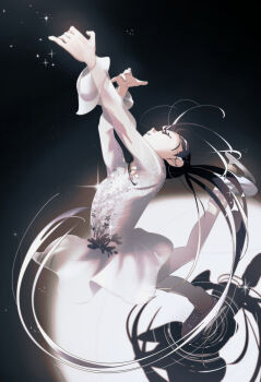 1girl absurdres arms_up black_hair closed_eyes dress highres ice_skates ice_skating kamisaki_hikaru long_hair long_sleeves medalist_(manga) nzeneee ponytail see-through_clothes see-through_sleeves shadow skates skating skating_rink solo sparkle spotlight standing standing_on_one_leg white_dress