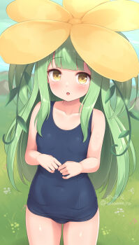 1girl blush breasts brown_eyes commentary_request cowboy_shot flower flower_on_head grass green_one-piece_swimsuit highres long_hair looking_at_viewer one-piece_swimsuit original outdoors sasaame small_breasts solo swimsuit