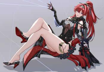 1girl absurdres bare_shoulders black_hairband breasts bright_pupils chinese_hairpin dress earrings elbow_gloves flower_hairpin gloves grey_background hair_between_eyes hair_ornament hairband high_ponytail highres holding holding_string huangchuan_zayu jewelry large_breasts long_hair looking_at_viewer mole mole_under_each_eye mole_under_eye multiple_moles pointy_ears ponytail purple_eyes red_hair see-through_dress_layer smile solo string tacet_mark_(wuthering_waves) thighs turtleneck turtleneck_dress very_long_hair white_pupils wuthering_waves yinlin_(wuthering_waves) zapstring_(wuthering_waves)