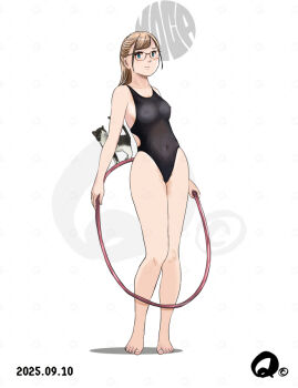 1girl artist_logo barefoot black_one-piece_swimsuit breasts brown_eyes brown_hair cat commentary_request competition_swimsuit dated full_body glasses highleg highleg_one-piece_swimsuit holding_hoop hoop hula_hoop logo long_hair looking_at_viewer medium_breasts one-piece_swimsuit original q98780409 simple_background solo swimsuit white_background